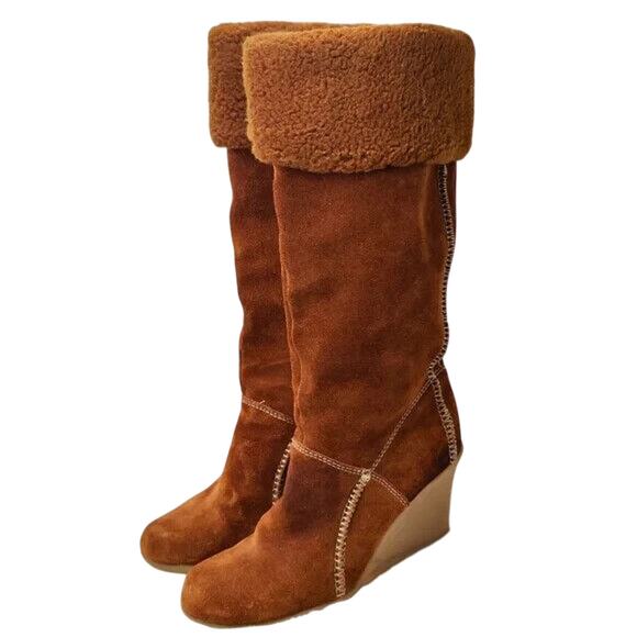 Y2K Kenneth Cole Brown Suede Knee High Wedge Boots Size US 6 - Picture 1 of 9
